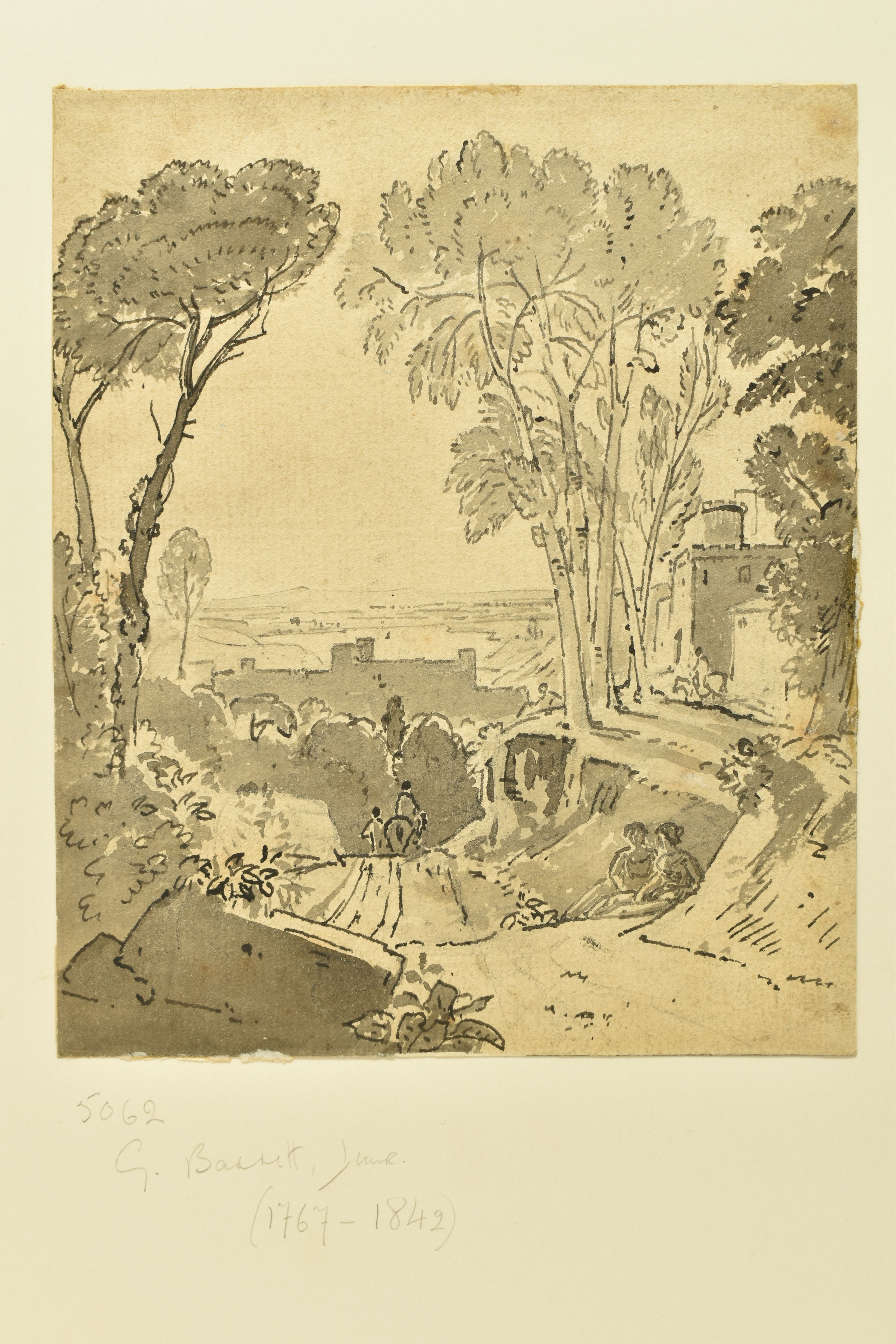 CIRCLE OF GEORGE BARRETT II (1764-1842) LANDSCAPE STUDY, figures in a lane with fortified buildings, - Image 4 of 7