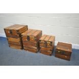 A SET OF THREE GRADUATED MANGO WOOD AND IRON BANDED STORAGE CHESTS, width 46cm x depth 46cm x height