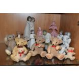 FIVE WILLOW TREE FIGURES, SIX RESIN TEDDY BEAR FIGURES AND TWO PINK GLAZED POTTERY CRINOLINE LADY