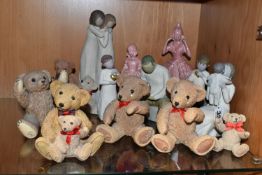FIVE WILLOW TREE FIGURES, SIX RESIN TEDDY BEAR FIGURES AND TWO PINK GLAZED POTTERY CRINOLINE LADY