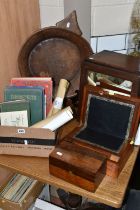 A BOX AND LOOSE TREEN, BOOKS AND EPHEMERA, to include a rustic wooden dough bowl, diameter excluding