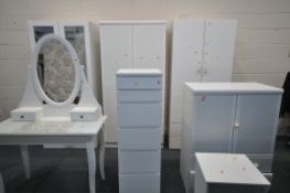 A SELECTION OF WHITE BEDROOM FURNITURE, to include three double door wardrobes, largest wardrobe