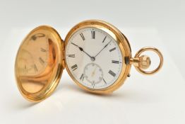 A LATE VICTORIAN, 18CT GOLD FULL HUNTER POCKET WATCH, manual wind, round white dial, Roman numerals,