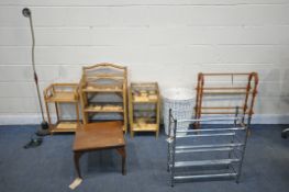 A SELECTION OF OCCASIONAL FURNITURE, to include a wicker folding three tier bookcase, two wicker