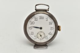 A SILVER WATCH HEAD, hand wound movement, round dial, Arabic numerals, subsidiary dial at the six