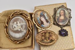 FIVE BROOCHES, to include a large gold plated swivel mourning brooch, one side set with a carved