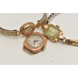 THREE 9CT GOLD LADYS WATCHES, to include a manual wind, rose gold watch head, hallmarked 9ct London,