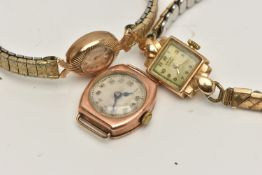 THREE 9CT GOLD LADYS WATCHES, to include a manual wind, rose gold watch head, hallmarked 9ct London,