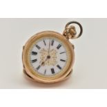 A LADYS YELLOW METAL OPEN FACE POCKET WATCH, manual wind, round white dial with gold scrolling