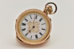 A LADYS YELLOW METAL OPEN FACE POCKET WATCH, manual wind, round white dial with gold scrolling