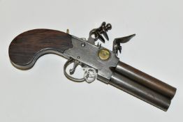 AN ANTIQUE 80 BORE OVER AND UNDER TAP ACTION FLINTLOCK POCKET PISTOL, fitted with 3¼'' barrels, this