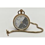 A BRASS COMPASS, mother of pearl face, fitted with a brass snake link Albert chain (condition