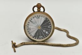 A BRASS COMPASS, mother of pearl face, fitted with a brass snake link Albert chain (condition