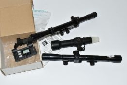 THREE AIR RIFLE SCOPES, two having mounts and one of which is marked B.S.A., a boxed Cb-625