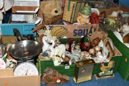 SIX BOXES AND LOOSE ASSORTED SUNDRY ITEMS ETC, to include animal ornaments, assorted plates,
