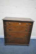 A 20TH CENTURY OAK CHEST OF FOUR LONG DRAWERS, with later handles, on bun feet, width 92cm x depth