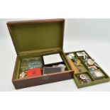 A WOODEN JEWELLERY BOX WITH CONTENTS, to include costume brooches, paste set pendant necklace, scarf
