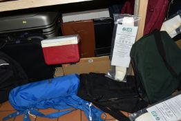 THREE SUITCASES AND TWO BOXES OF BAGS, ETC, including a pair of unknown brand hard shell