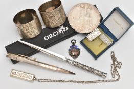 A BOX OF ASSORTED SILVER ITEMS, to include a silver '25th Anniversary Coronation of H.M Queen