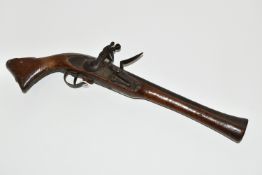 AN ANTIQUE BLUNDERBUSS FLINTLOCK PISTOL, 0f poor quality, fitted with a flared butt and muzzle, it