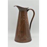 AN ART NOUVEAU CONICAL COPPER JUG BY JOSEPH SANKEY & SONS, embossed with sinuous flowers and