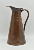 AN ART NOUVEAU CONICAL COPPER JUG BY JOSEPH SANKEY & SONS, embossed with sinuous flowers and