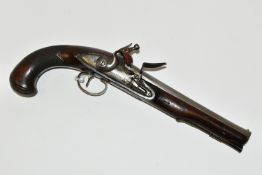 AN ANTIQUE 23 BORE FLINTLOCK HOLSTER PISTOL FITTED WITH AN 8'' BARREL, its lock is marked Collumbell