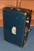 A VINTAGE 'WATAJOY' DARK BLUE LEATHER MOUNTED CABIN TRUNK WITH CUNARD WHITE STAR TO EUROPE LABEL