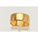 A WIDE 22CT GOLD BAND RING, polished band, approximate band width 8.6mm, hallmarked 22ct Birmingham,