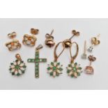 TWO PENDANTS AND FOUR PAIRS OF EARRINGS, to include an emerald cross pendant, fitted with a single