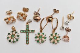 TWO PENDANTS AND FOUR PAIRS OF EARRINGS, to include an emerald cross pendant, fitted with a single