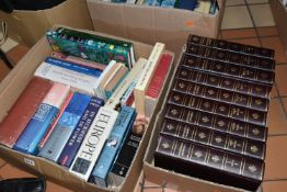 FIVE BOXES OF BOOKS containing over 100 miscellaneous titles in hardback and paperback formats,