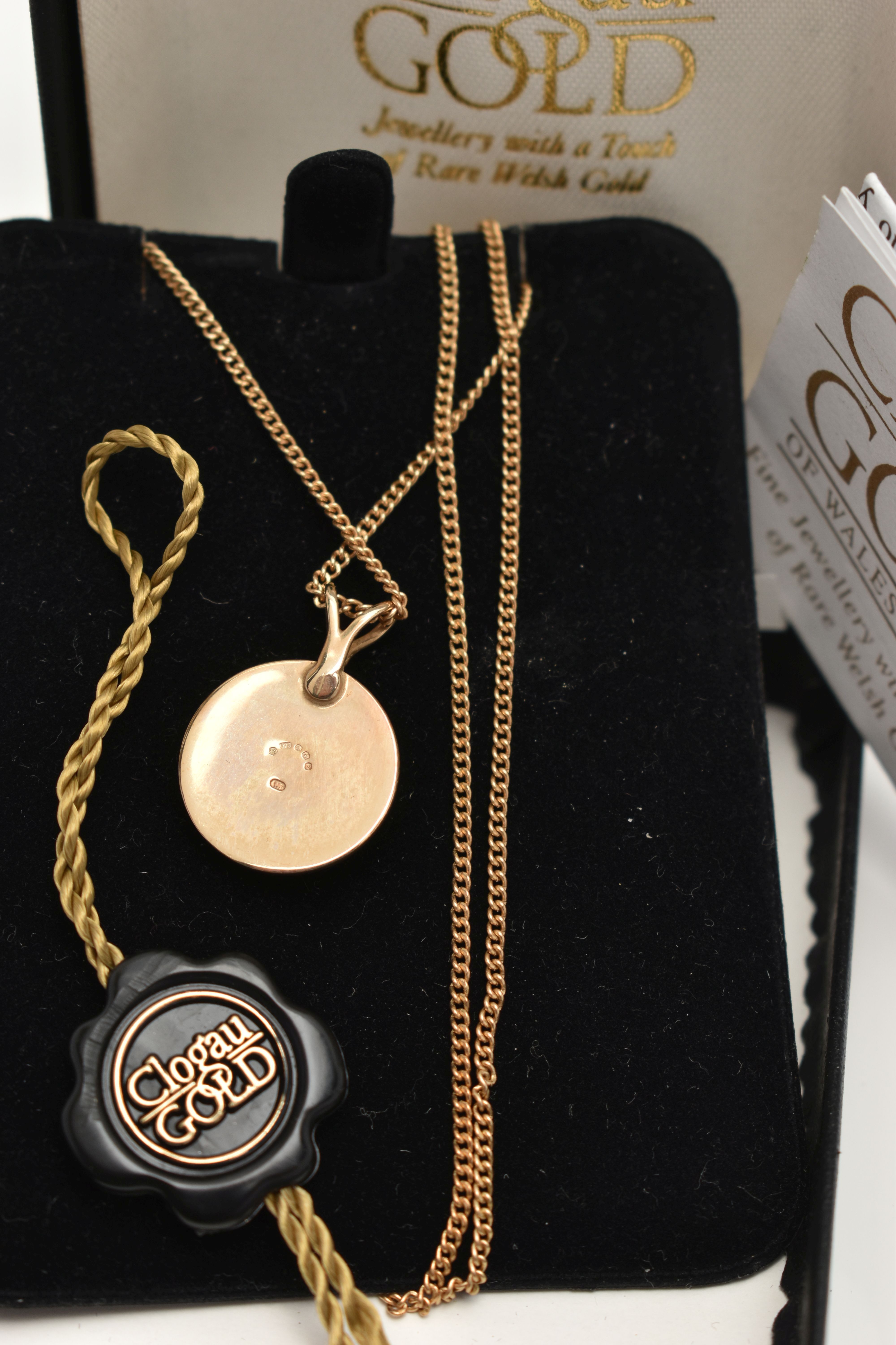 A 9CT ROSE GOLD 'CLOGAU' PENDANT NECKLACE, circular pendant with foliage detail, fitted with a split - Image 2 of 2