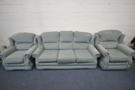 A GREEN UPHOLSTERED THREE PIECE LOUNGE SUITE, comprising a three seater sofa, length 190cm, an