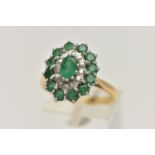 AN 18CT GOLD EMERALD AND DIAMOND CLUSTER RING, oval cluster set with a central oval cut emerald,