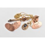 A PAIR OF 9CT ROSE GOLD CUFFLINKS, A PENDANT NECKLACE AND A BROOCH, rose gold oval cufflinks with