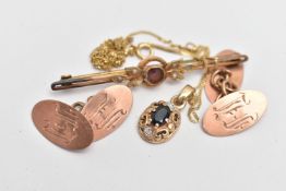 A PAIR OF 9CT ROSE GOLD CUFFLINKS, A PENDANT NECKLACE AND A BROOCH, rose gold oval cufflinks with