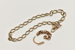 A YELLOW METAL BRACELET AND PARTS, oval link bracelet stamped 9.375, length 200mm, with a loose