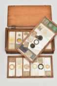 A COLLECTION OF VICTORIAN AND EARLY 20TH CENTURY MICROSCOPE SLIDES IN A FITTED WOODEN BOX, the