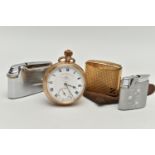 A GOLD PLATED POCKET WATCH AND LIGHTERS, to include a gold plated, manual wind, open face pocket