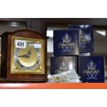 AN ELLIOTT MANTEL CLOCK, ROYAL CROWN DERBY BOXES AND SPARE 'GOLD' STOPPERS, comprising a small