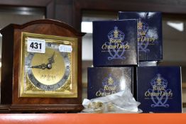 AN ELLIOTT MANTEL CLOCK, ROYAL CROWN DERBY BOXES AND SPARE 'GOLD' STOPPERS, comprising a small