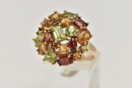A 9CT GOLD GEM SET CLUSTER RING, large statement cluster, set with vary cut stones such as