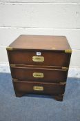 A MODERN MAHOGANY CAMPAIGN CHEST OF THREE DRAWERS, with brass handles and banding, width 49cm x