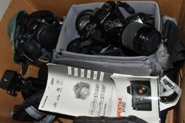 A BOX OF CAMERAS AND PHOTOGRAPHIC EQUIPMENT, to include a Pentax P30 with an f4-5.6 70-210mm Sigma