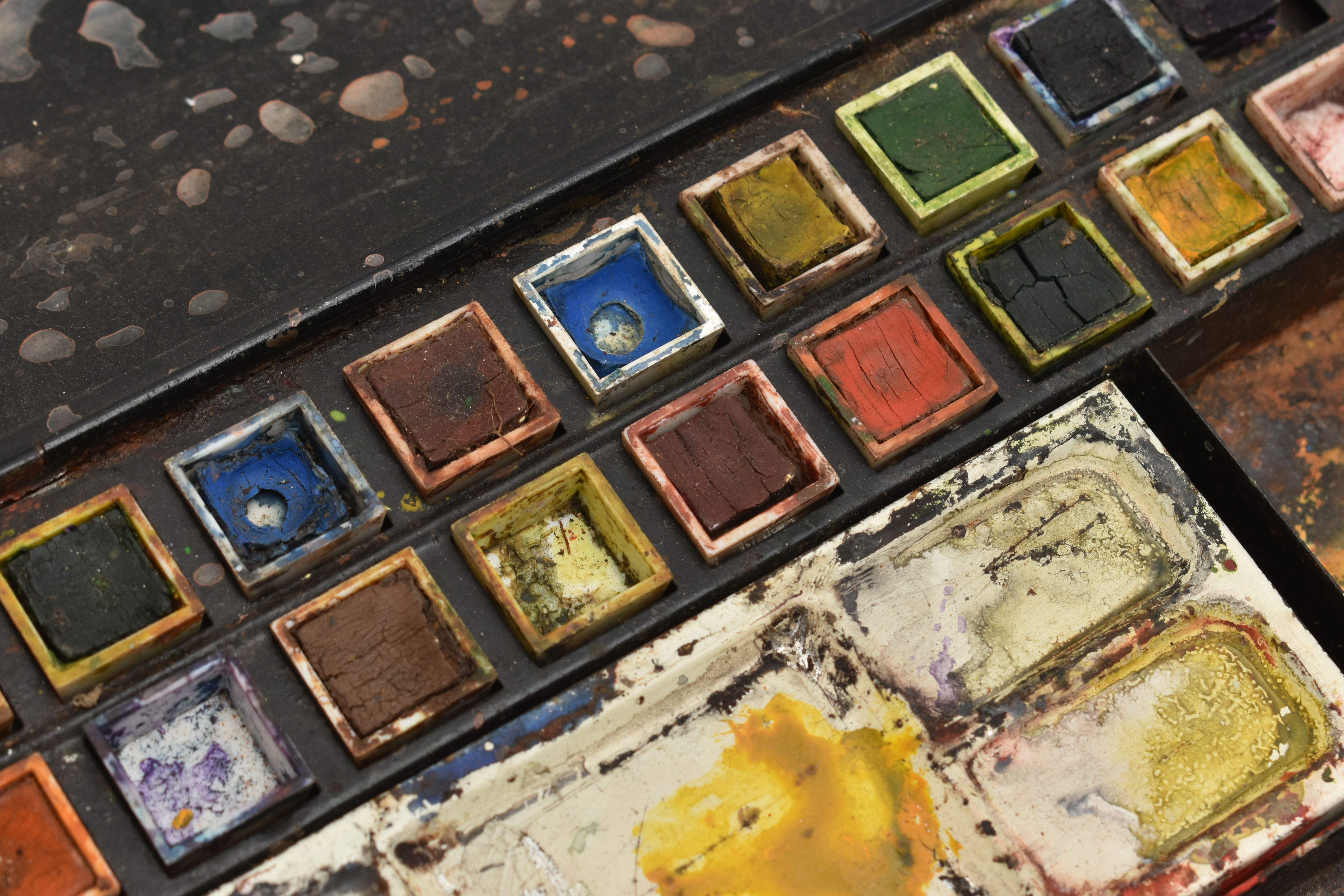 TWO VINTAGE SCHOOL PAINT BOXES, the interiors fitted watercolour paint in plastic pots, with metal - Image 4 of 5