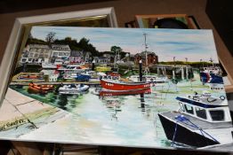 A SMALL COLLECTION OF PAINTINGS AND PRINTS ETC, to include a colourful harbour scene with fishing