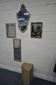A GILT FRAMED BEVELLED EDGE WALL MIRROR, 45cm x 80cm, two wall mirrors with floral frames, another