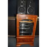 A YEW WOOD HIFI CABINET, containing a JVC system, comprising a DR-E500L, an AL-E300, an XL-E300, and