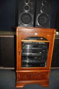 A YEW WOOD HIFI CABINET, containing a JVC system, comprising a DR-E500L, an AL-E300, an XL-E300, and